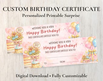 Certificado de regalo de cumpleaños personalizado/Cupón imprimible (descarga digital)