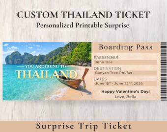 Tarjeta de embarque de Tailandia / Revelación de viaje personalizada / Sorpresa de vacaciones imprimible / Recuerdo de vuelo personalizado