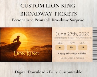 Entrada para Broadway de El Rey León / Regalo de recuerdo personalizado / Entrada de recuerdo imprimible