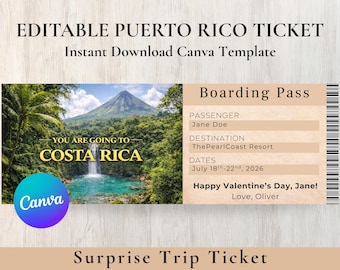 Tarjeta de embarque editable para Costa Rica / Boleto sorpresa de viaje de Canva (Descarga digital)