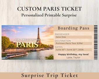 Tarjeta de embarque personalizada para París / Revelación de vacaciones sorpresa (descarga digital)