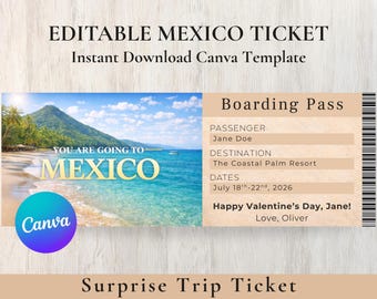 Boleto de viaje a México / Plantilla editable de Canva, presentación de vacaciones (descarga instantánea)