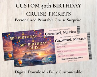 Boleto de crucero para tu 50.º cumpleaños / Sorpresa de crucero imprimible personalizada / Cupón de viaje personalizado / Regalo digital