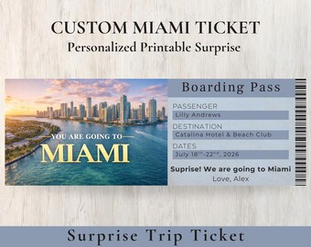 Boleto sorpresa en Miami / Tarjeta de embarque imprimible / Revelación de vacaciones personalizada / Anuncio de viaje personalizado