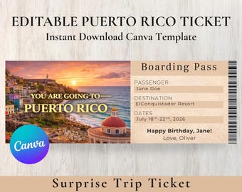 Boleto de viaje a Puerto Rico / Revelación de vacaciones sorpresa, Canva editable (descarga digital)
