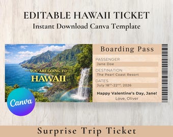 Plantilla de tarjeta de embarque para viaje a Hawái / Revelación de vacaciones sorpresa (editable en Canva, descarga digital)