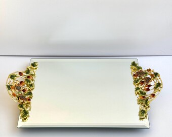 Vintage Jeweled Dragonfly Mirror Vanity Tray – Enameled Floral & Rhinestone Cosmetic Perfume Organizer, Hollywood Regency Decor