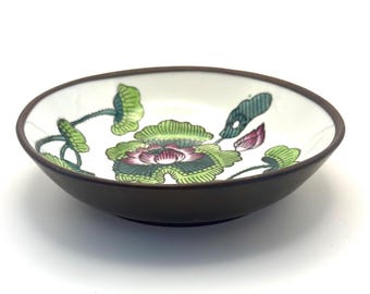 Vintage Japanese Porcelain Bowl Brass Encased Hand Painted Floral Dish