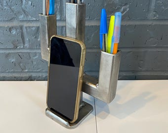 Phone stand pen organizer, Metal cactus desk holder, Office & home décor gift, Unique desk accessory