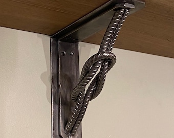 Handcrafted Rebar Shelf Bracket – Rustic Steel Reef Knot Support