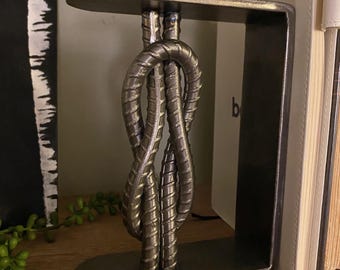 Handcrafted Rebar Knot Bookend, Rustic Steel Home Decor