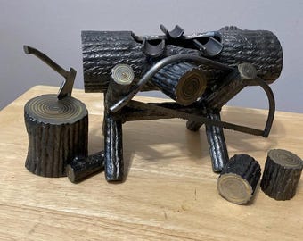 Welded Steel Log Sculpture, Axe & Saw Centerpiece, Rustic Industrial Decor