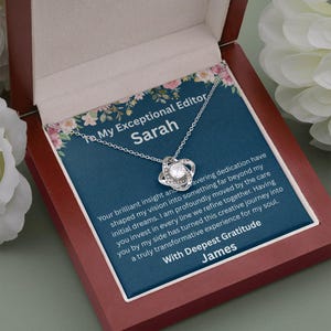 May include: A silver-toned necklace with a central knot pendant featuring a clear stone, presented in a dark wooden box. The card inside reads: To My Exceptional Editor Sarah, followed by a message of appreciation signed by James.