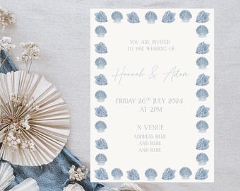 Coastal Wedding Invitation Template • Digital Download • Customisable Names & Details • Shell Border Printable Invite