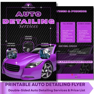 May include: A double-sided printable auto detailing flyer featuring a purple car and black carbon fiber background. The text includes Professional Auto Detailing Services, Full Interior, Ultimate Ceramic, and Additional Services with pricing details.