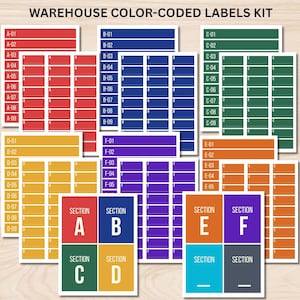 May include: A warehouse color-coded labels kit featuring sheets of rectangular adhesive stickers in red, blue, green, yellow, purple, and orange. Each sheet contains rows of labels marked with alphanumeric codes like A-01, B-02, and C-03, plus section divider cards.