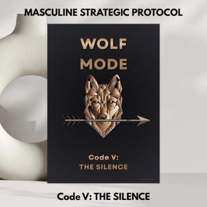 Może przedstawiać: Czarny plakat ze złotym tekstem i geometryczną ilustracją wilka. Tekst brzmi "WOLF MODE" i "Code V: THE SILENCE". Plakat zawiera również tekst "MASCULINE STRATEGIC PROTOCOL" i "Code V: THE SILENCE".
