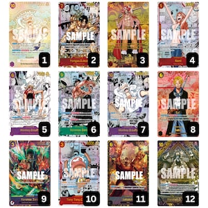 May include: A collection of twelve trading cards featuring various anime characters. Each card has a unique design with character illustrations, text, and the word "SAMPLE". The cards have different colors and designs.
