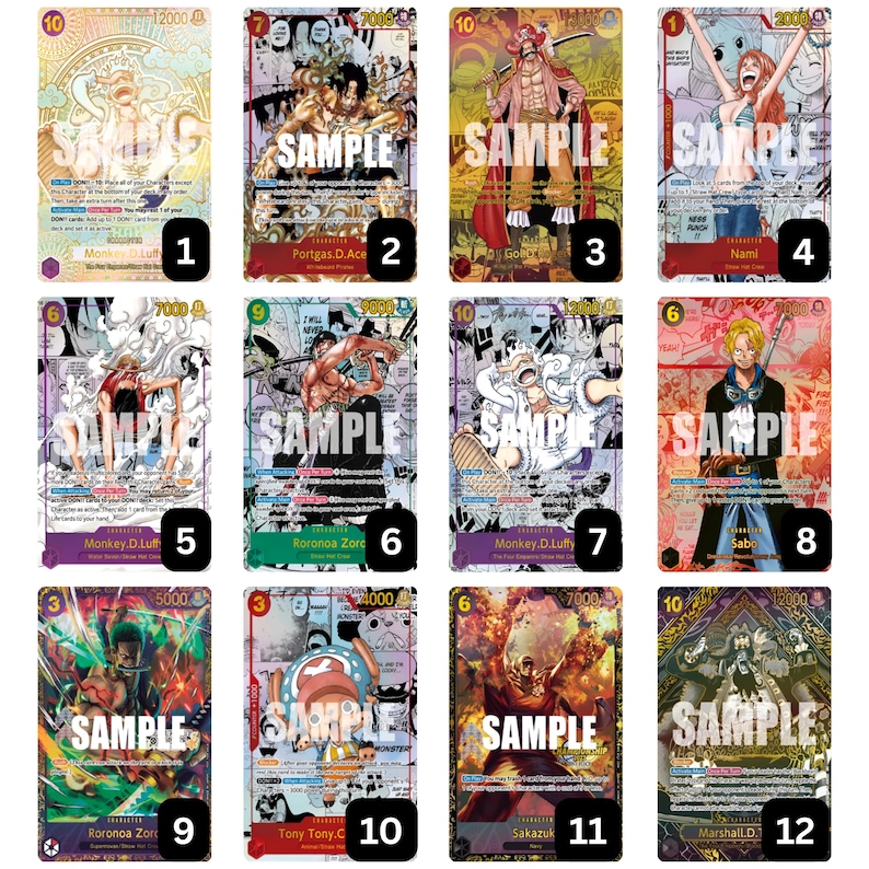 May include: A collection of twelve trading cards featuring various anime characters. Each card has a unique design with character illustrations, text, and the word "SAMPLE". The cards have different colors and designs.