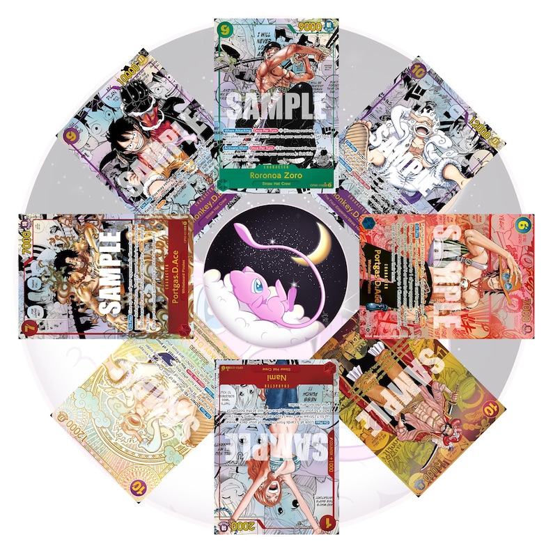 May include: A collection of trading cards featuring anime characters, including Roronoa Zoro, Monkey D. Luffy, and Nami. The cards have colorful illustrations and the word "SAMPLE" is printed on several cards. A pink Mew character is in the center.