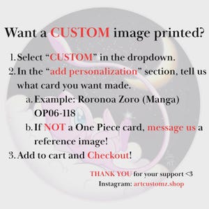 May include: Circular graphic with text: "Want a CUSTOM image printed?" Instructions include selecting "CUSTOM" in the dropdown, adding personalization, and checking out. Features a pink cartoon character and a starry background.