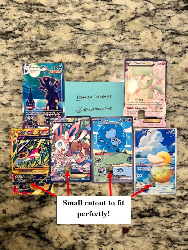 May include: A collection of Pok&eacute;mon trading cards featuring various characters. The cards display colorful illustrations and text, with a small cutout for a perfect fit. The text "Example Products" and the shop's Instagram handle are also visible.