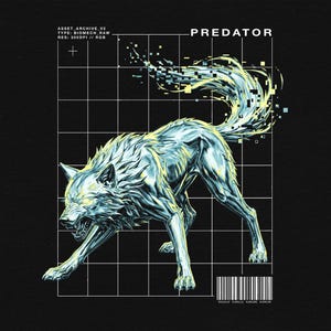 May include: A digital illustration of a wolf in a predatory stance, rendered in shades of silver and blue against a black background. The word "PREDATOR" is at the top, with a grid and barcode. The wolf's tail fades into pixelated elements.