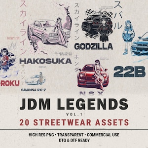 May include: Illustration featuring various JDM (Japanese Domestic Market) cars with anime-style characters. The design includes the text "JDM LEGENDS VOL. 1" and "20 STREETWEAR ASSETS". The image has a vintage aesthetic with Japanese text.