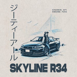 May include: Illustration of a black Skyline R34 car with a person leaning against it. The image includes Japanese text, the words "SKYLINE R34", and technical details. A bridge and birds are in the background.