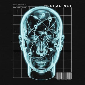 Könnte beinhalten: Ein digitaler Kunstdruck, der einen transparenten menschlichen Kopf mit einem Netzwerk aus leuchtenden Linien darstellt, die neuronale Verbindungen repräsentieren. Das Bild hat eine futuristische, technikinspirierte Ästhetik, mit dem Text "NEURAL_NET" oben und einem Barcode unten. Der Hintergrund ist schwarz.