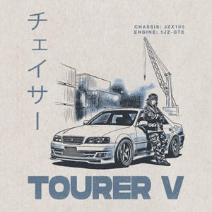 May include: Illustration of a white car with the text "TOURER V" in blue. A person in camouflage pants and jacket leans against the car. The image includes Japanese characters and text indicating the chassis and engine type.