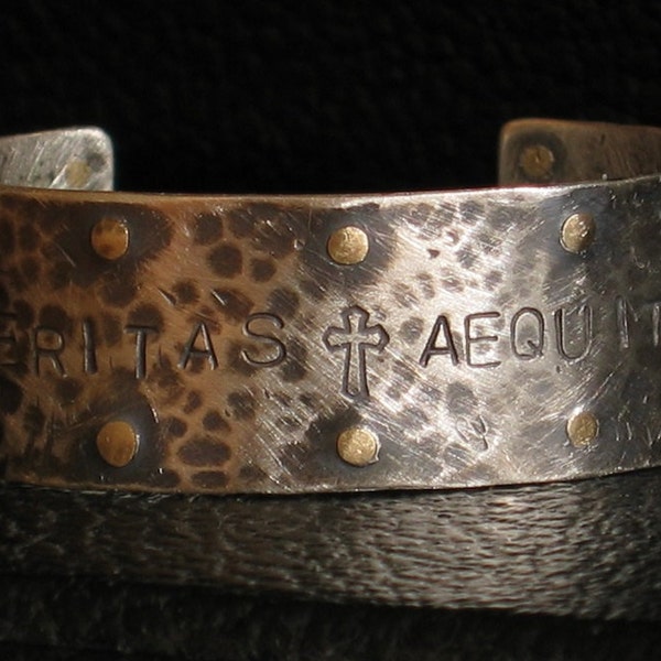 Veritas Aequitas Cuff - Riveted Hammered Sterling Silver or Copper Cuff