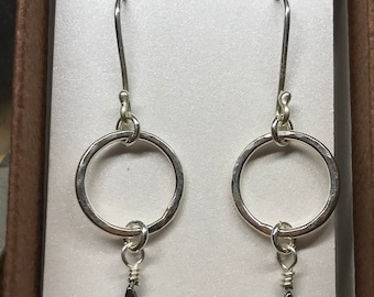 Handmade Sterling Silver Hoop Hematite Heart Earrings - Sterling Silver Heart Circle Hoop Dangle