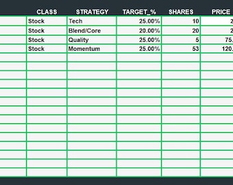 Herramienta de reequilibrio de cartera / Seguimiento de inversiones en Excel / Panel de asignación de activos / Lista de seguimiento de acciones y criptomonedas / Planificador financiero en modo oscuro