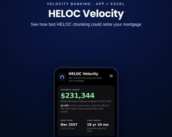 Peut inclure: Un graphique numérique bleu foncé pour l'application bancaire et le tableur Excel Monetridge HELOC Velocity. Le texte indique HELOC Velocity, See how fast HELOC chunking could retire your mortgage, et montre un écran de téléphone affichant $231,344 d'intérêts économisés.