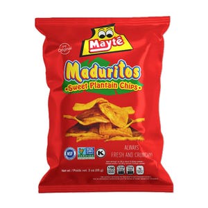 Puede incluir: Una bolsa roja de chips de plátano dulce Mayté Maduritos. La bolsa presenta un logotipo de dibujos animados y una imagen de los chips de plátano. La bolsa pesa 85 g y dice que las patatas fritas siempre están frescas y crujientes.