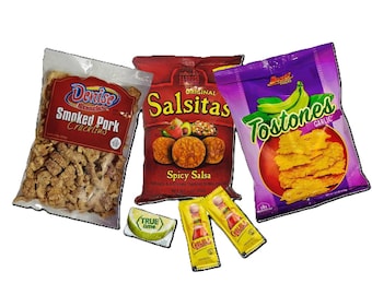 Paquete de Snacks Fiesta: ¡Explosión de Sabor! / Chicharrones, Tostones, Salsitas + Salsa Picante y Sobres de Limón de Regalo