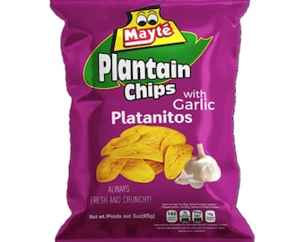Chips de plátano con ajo Mayté – Plátanos verdes crujientes con sabor a ajo (bolsa de 85 g)