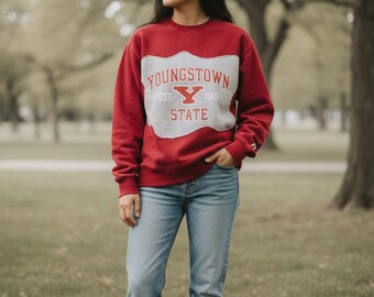 Youngstown State "Wave" Reworked Crewneck | Custom Contoured Graphic Patch | Technical Boutique Pullover | Medium