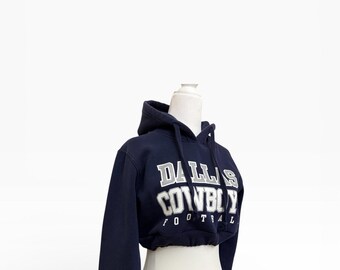 Reworked Dallas Cowboys Crop Hoodie | Glitter Graphic, Elastic Hem (S)
