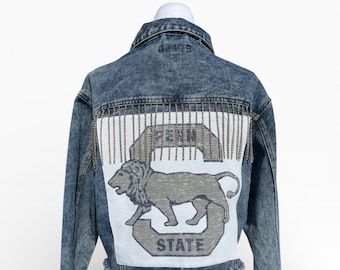 Luxury Reworked Penn State Denim Distressed Cropped Jacket | Custom Rhinestone Fringe & Graphic