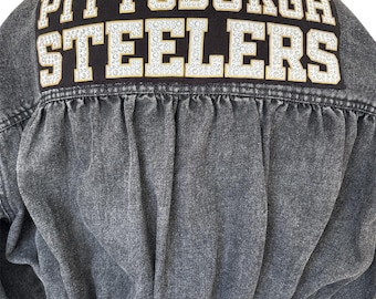 Pittsburgh Steelers Bling Upcycled Cropped Denim Jacket – Black Vintage Jean Jacket – “Aunt Gina”