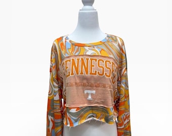 Reworked Tennessee Volunteers Crop | Multi-Colored Retro Print | One-of-a-Kind Raw Hem Boutique Top | “Groovy”