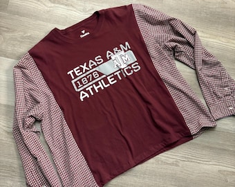 Reworked Texas A&M Aggies Mixed-Material Shirt | Custom Checkered Button-Down Sleeves | One-of-a-Kind Gameday Long Sleeve