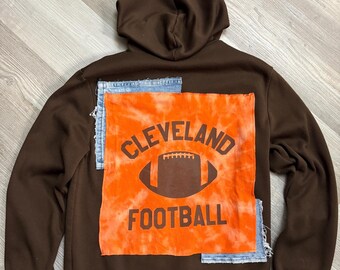 Cleveland Football Reworked Zip Hoodie – Denim Patchwork Upcycled One-of-a-Kind Streetwear