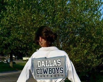 Cowboys Football Bling Upcycled Denim Cropped Jacket - Reworked Upcycled One-of-a-Kind Streetwear