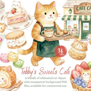 以下が含まれることがあります： 様々なスイーツとペストリーが描かれた、猫をテーマにしたカフェの水彩イラスト。猫のバリスタ、カフェの店構え、ケーキ、マカロン、パフェなど、猫の顔で飾られたデザートが特徴です。「Tabby's Sweets Cafe」の文字も表示されています。