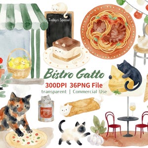 Cat Italian Cafe Cozy Watercolor Clip Art - 36 PNG, Kitten Pasta Pizza Coffee Graphics, Commercial Use, High Resolution Digital Download