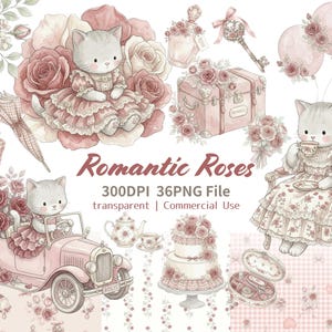 Grey Cat & Pink Rose Watercolor Clipart Bundle, 36 PNG, Mackerel Tabby, Vintage Mother's Day/June Birth Flower Digital Art, Commercial Use　