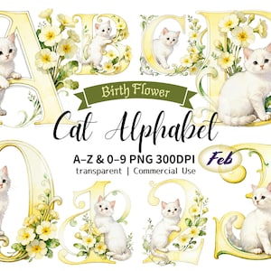Może przedstawiać: Akwarelowe ilustracje alfabetu i cyfr, każda litera i cyfra ozdobiona jest żółtymi kwiatami i białym kociakiem. Słowa "Birth Flower" i "Cat Alphabet" są napisane na obrazie. Słowo "Feb" jest również obecne.